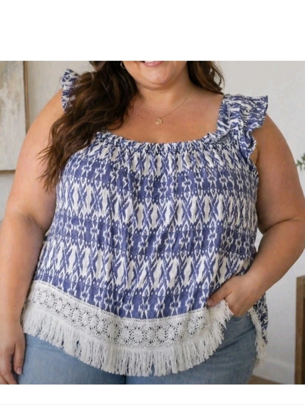 Boho Off Shoulder Fringe Top Blue White Eyelet Beach Blouse Hippie Festival 3XL